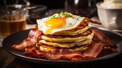 Healthy Full American Breakfast with Eggs Bacon Pancake on black plate background - obrazy, fototapety, plakaty