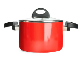New red cooking pot isolated on white. Kitchen utensil