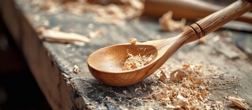 Wooden spoon being carved with white background removed.