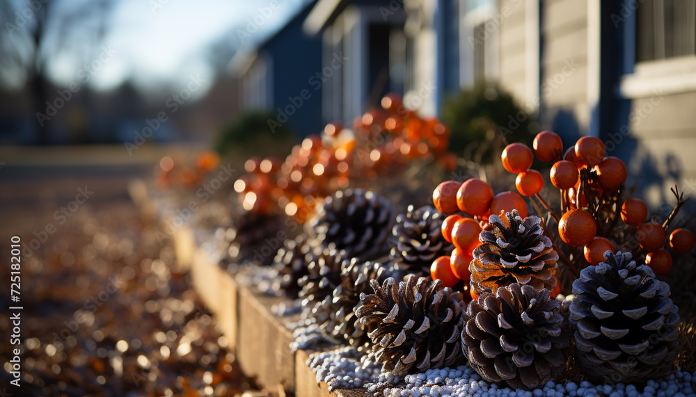 Poster nature gift, fresh autumn fruit on wooden table generated by ai