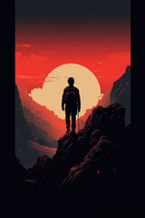 male silhouette in the mountains at sunset