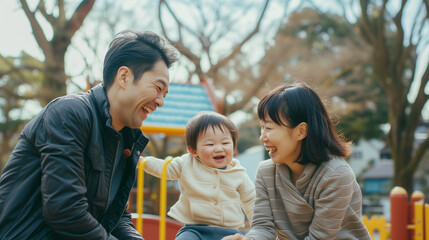公園で赤ちゃんとお父さんとお母さんの親子3人で笑顔で遊んでいるところ - obrazy, fototapety, plakaty