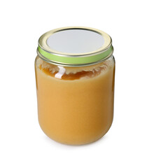 Baby food. Tasty healthy puree in jar isolated on white