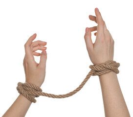 Freedom concept. Woman with tied arms on white background, closeup