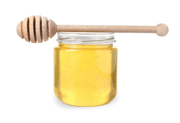 Tasty honey in glass jar and dipper isolated on white