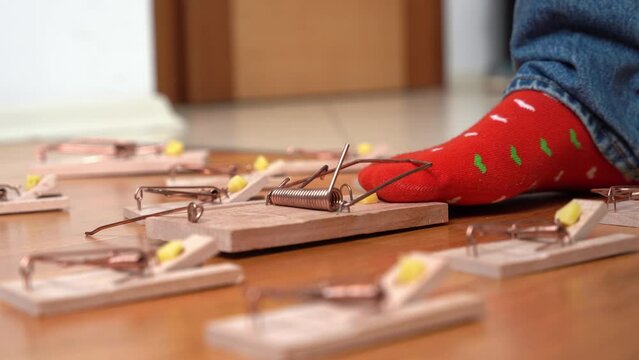 Person in red socks enters room with mousetraps on smooth floor. Inattentive individual steps on mousetrap and feels unexpected pain