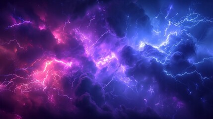 Electric force of nature: powerful lightning strike and energetic sparks against a dark sky. Abstract background of lightning strikes. - obrazy, fototapety, plakaty