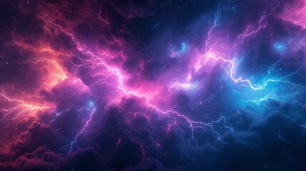 Electric force of nature: powerful lightning strike and energetic sparks against a dark sky. Abstract background of lightning strikes.