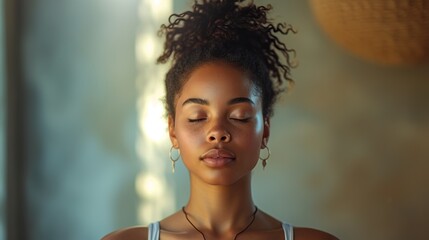 Serene black woman in peaceful meditation, soft natural lighting enhances tranquil beauty. Close-up portrait of beautiful woman in contemplation - obrazy, fototapety, plakaty