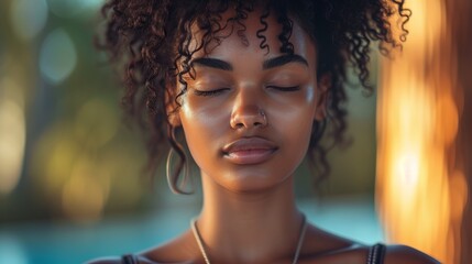 Serene black woman in peaceful meditation, soft natural lighting enhances tranquil beauty. Close-up portrait of beautiful woman in contemplation