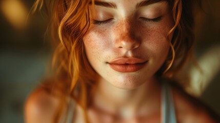 Tranquil close-up of meditative woman, serene mood with realistic skin. Calm and contemplative female portrait.