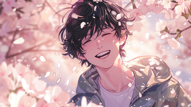 満開の桜と優しそうな男性のアニメ風イラスト