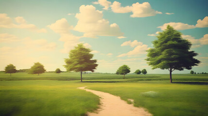 Natural landscape in summer with flat green hills and trees, blurred background. Summer concept background.