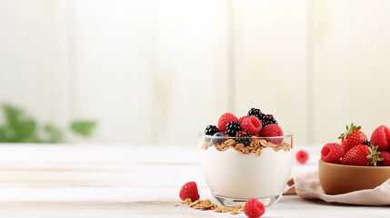 Homemade granola with milk fresh berries milk for breakfast menu