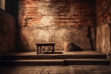 ancient interior with a brick wall and a podium