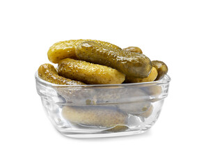 Tasty pickled cucumbers in bowl isolated on white