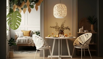 The stylish dining room with copy space, round table, rattan chair, lamp and kitchen accessories. Leaf in a vase. Home decor. Template