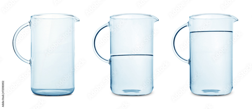 Wall mural glass jug isolated on white, collage with empty, semi filled and full - Wall murals
