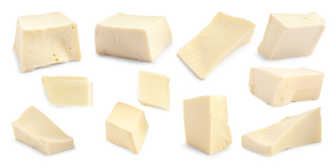 Pieces of tasty chocolate isolated on white, set