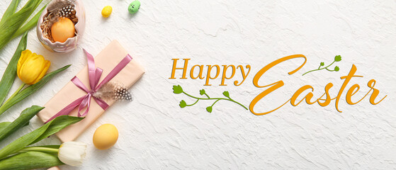 Easter greeting banner with gift, eggs and tulips