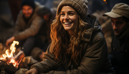 Fototapeta premium Young adults sitting by campfire, enjoying nature together generated by AI