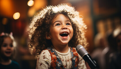 Smiling girls singing, joyful boys playing on stage generated by AI - obrazy, fototapety, plakaty
