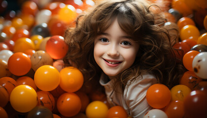 Fototapeta na wymiar Smiling cute child enjoying autumn, playing with pumpkin outdoors generated by AI
