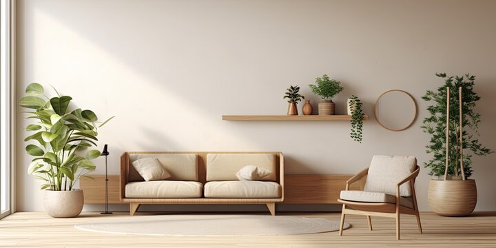 Naklejki  interior design concept with wooden furniture and potted plant, in a modern living room.