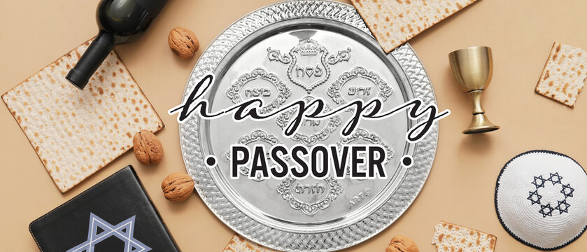 Festive banner with Passover Seder plate, matza, wine and Torah on beige background