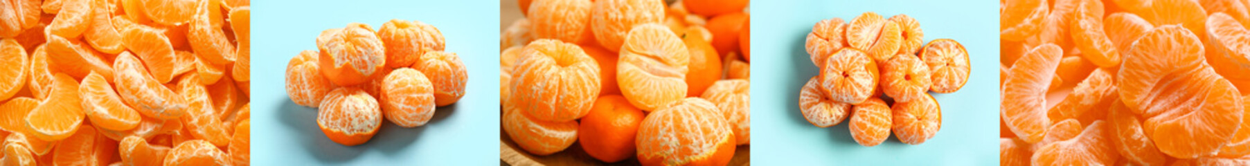Collage of fresh peeled tangerines - obrazy, fototapety, plakaty
