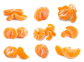 Set of fresh peeled tangerines on white background