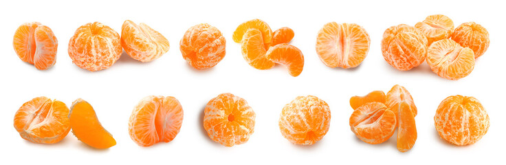 Collection of fresh peeled tangerines on white background