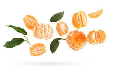 Flying sweet peeled mandarins and leaves on white background