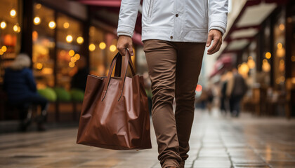A fashionable businessman holding a shopping bag walks through the city generated by AI
