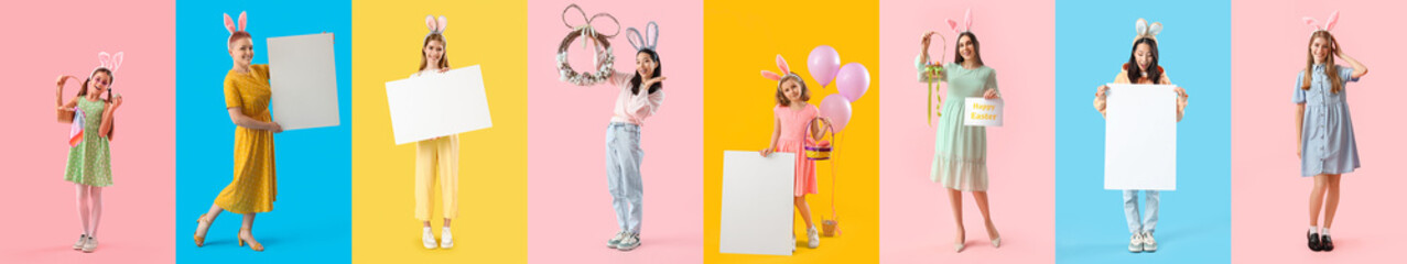 Set of women and girls celebrating Easter on color background