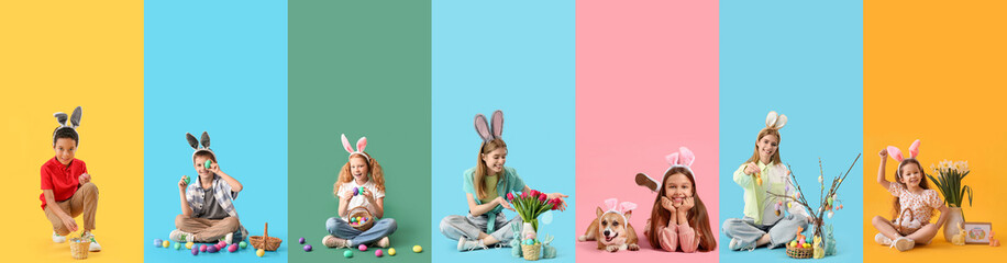 Set of people celebrating Easter on color background