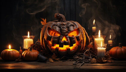 Spooky pumpkin lantern glows in dark autumn night, Halloween celebration generated by AI