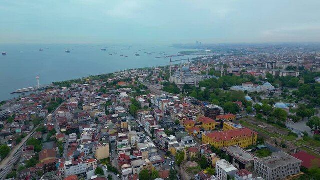 Blue Mosque and Hagia Sophia aerial view at Sultan Ahmet at Park in Sultanahmet district in historic city of Istanbul, Turkey. Historic Areas of Istanbul is a UNESCO World Heritage Site. 