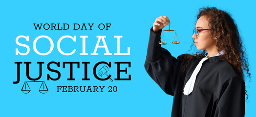 Banner for World Day of Social Justice with female judge holding scales