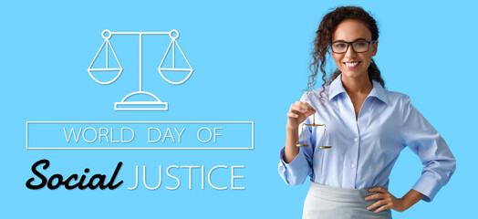 Banner for World Day of Social Justice with female judge holding scales