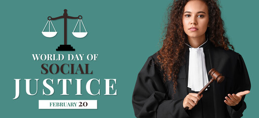 Banner for World Day of Social Justice with female judge holding gavel