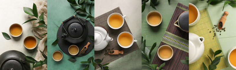 Collage of Asian green tea on table, top view