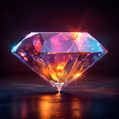 Digital 3D diamond with neon lighting, luxury gemstone on black background