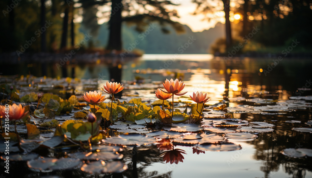 Wall mural Tranquil scene  water reflects vibrant colors of nature generated by AI