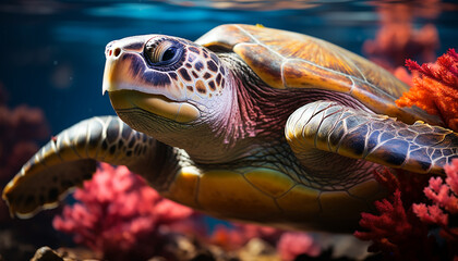 Obraz premium Close up of a multi colored sea turtle swimming underwater generated by AI