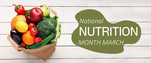 Fotobehang Banner for National Nutrition Month with fresh vegetables and fruits in shopping bag © Pixel-Shot
