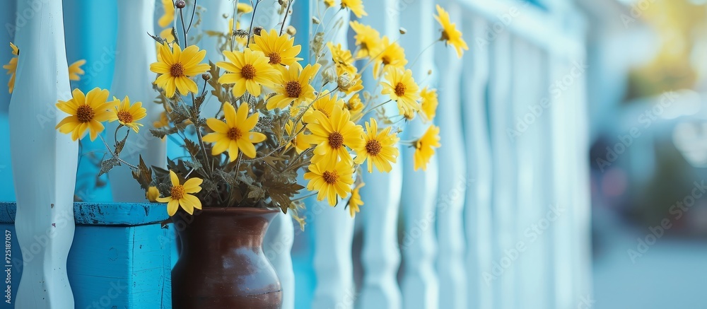 Canvas Prints Yellow flowers in a blue box on a white fence with a brown vase.