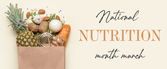 Banner for National Nutrition Month with fresh products in shopping bag