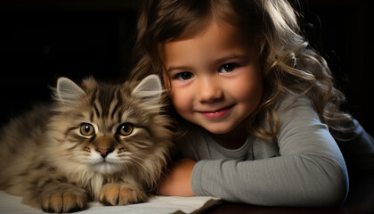 Smiling girl embraces playful kitten, radiating love and happiness generated by AI
