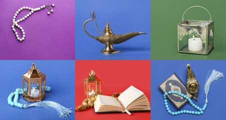 Collage with Muslim lanterns, prayer beads and Koran on color background. Ramadan celebration